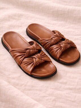 Dear Frances Tye Knotted Leather Slide Sandals Hazelnut Brown EU 39 US 9